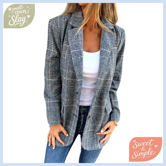 Women's Tweed Blazer Plaid Houndstooth Business Casual Jacket